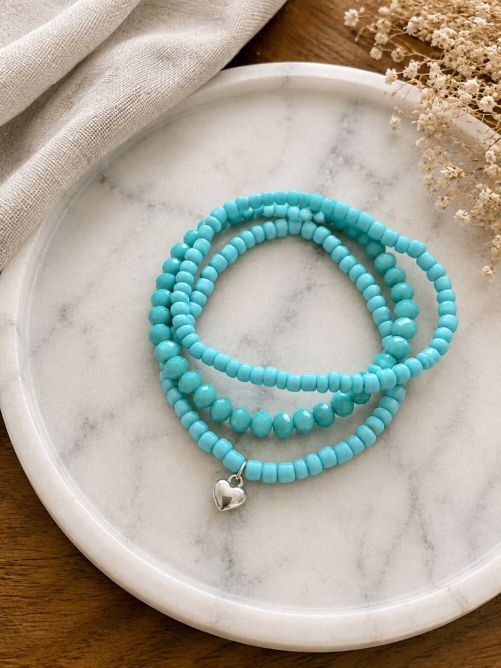 Beaded Bracelet Set with Silver Heart Charm | Ocean Breeze